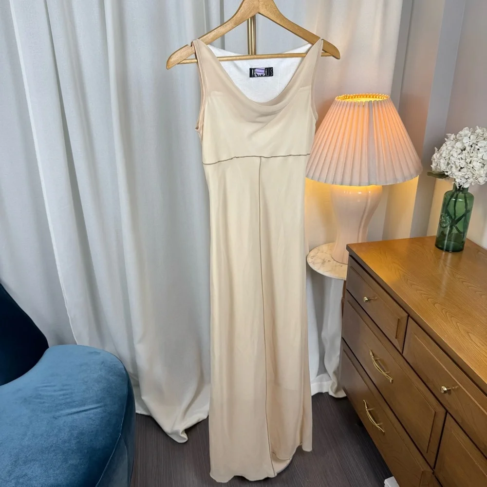 Vintage Y2K Nude Cowl Neck Bias-Cut Drape Midi Dress S/M - Picture 2 of 8